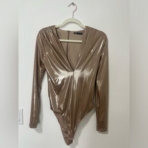Zara Gold metallic long sleeve V neck bodysuit